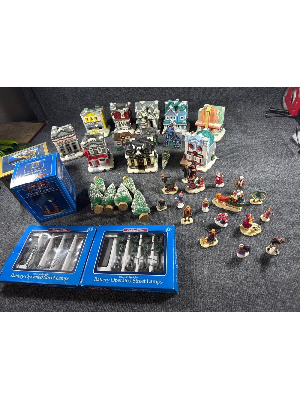Christmas Village Miniature Houses Figures Trees Street Lamps Holiday Decor Lot